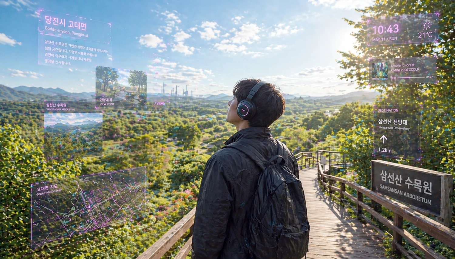 헤드폰을 착용한 관람객이 삼선산 수목원 전망대에서 AR 안내 화면과 함께 풍경을 바라보는 모습
